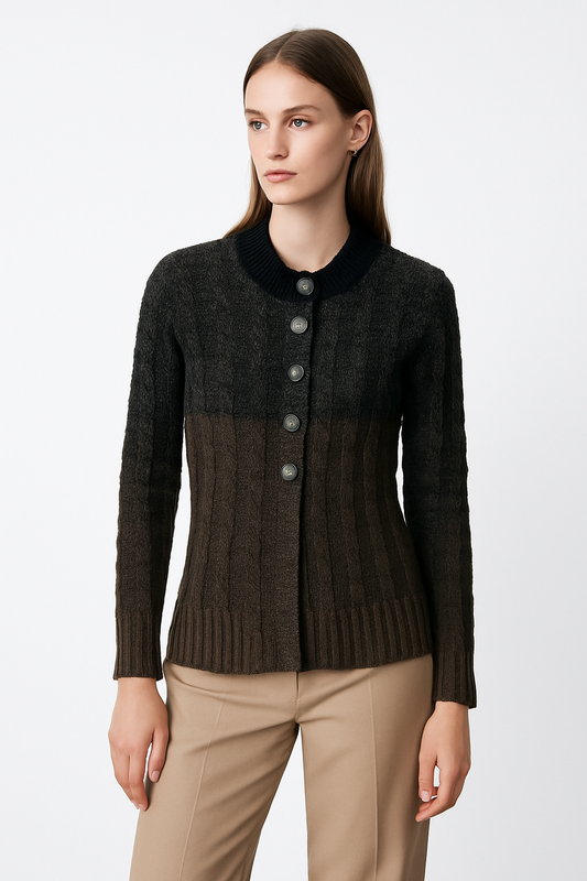 Women’s Ombre Cable-Knit Cardigan with Statement Buttons – Khaki & Black