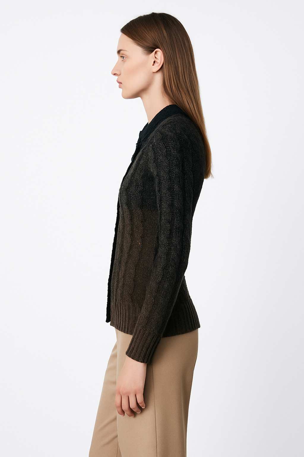 Women’s Ombre Cable-Knit Cardigan with Statement Buttons – Khaki & Black