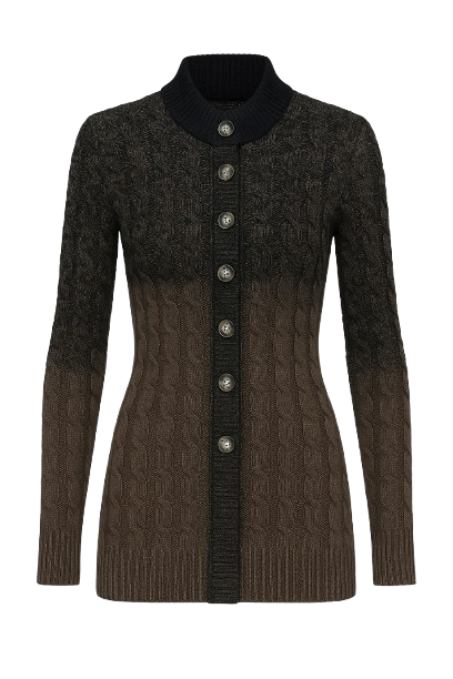 Women’s Ombre Cable-Knit Cardigan with Statement Buttons – Khaki & Black