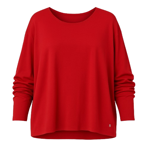 Relaxed Red Long-Sleeve Top with Soft Draped Fit