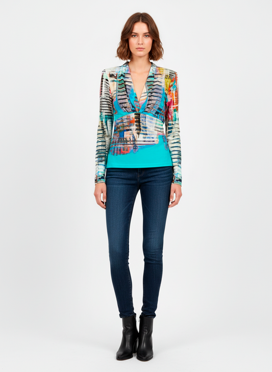 Vibrant Abstract V-Neck Long-Sleeve Top