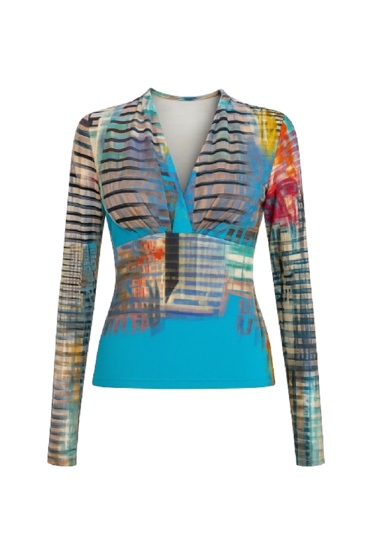 Vibrant Abstract V-Neck Long-Sleeve Top