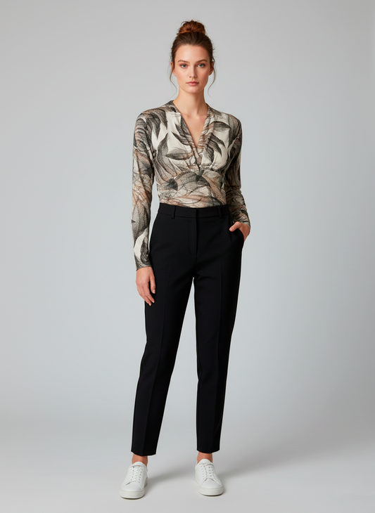 Printed V-Neck Long-Sleeve Top with Artistic Leaf Motif