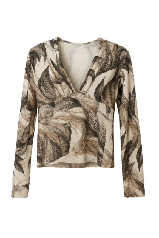 Printed V-Neck Long-Sleeve Top with Artistic Leaf Motif