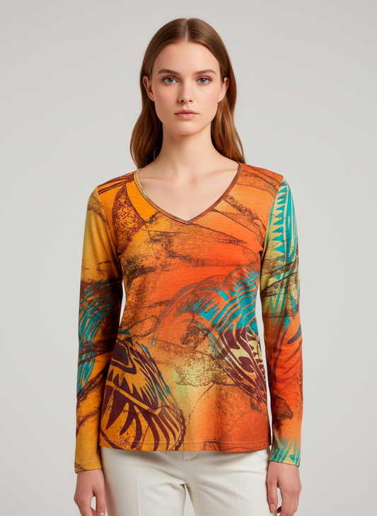 Vibrant Abstract Print V-Neck Long Sleeve Top