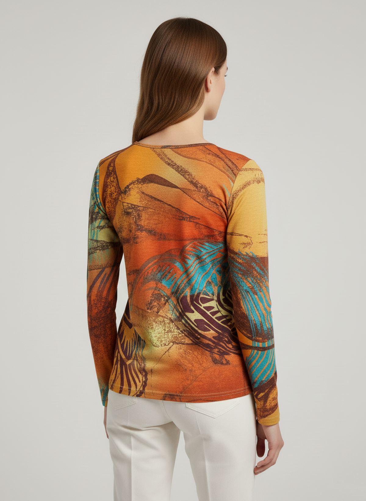 Ζωντανό Αφηρημένο Μπλούζα με Μακρυμάνικο και V λαιμόκοψη