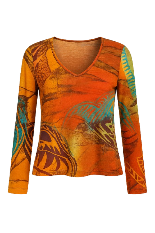 Vibrant Abstract Print V-Neck Long Sleeve Top