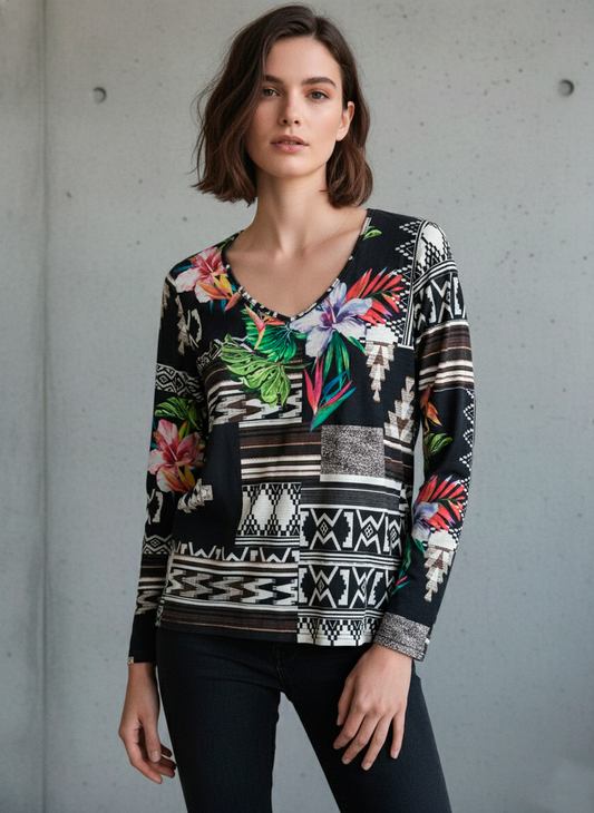Vibrant Floral & Geo Patchwork Long-Sleeve Top