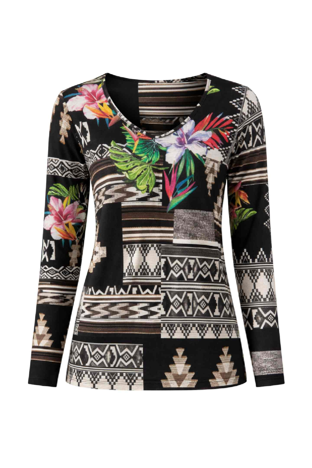 Ζωντανό μπλουζάκι με μακριά μανίκια και patchwork σε floral και γεωμετρικά σχέδια