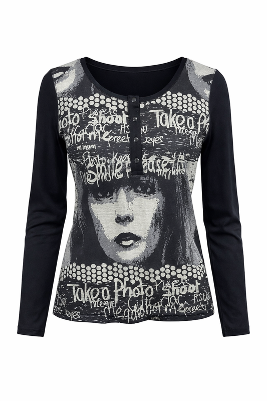 Graphic Print Henley Long-Sleeve Top