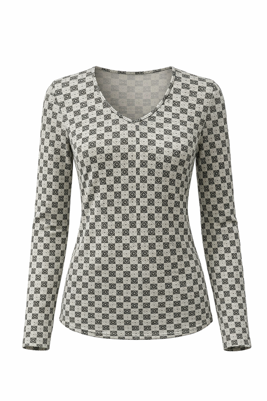 Geometric V-Neck Long-Sleeve Top in Black & Ecru