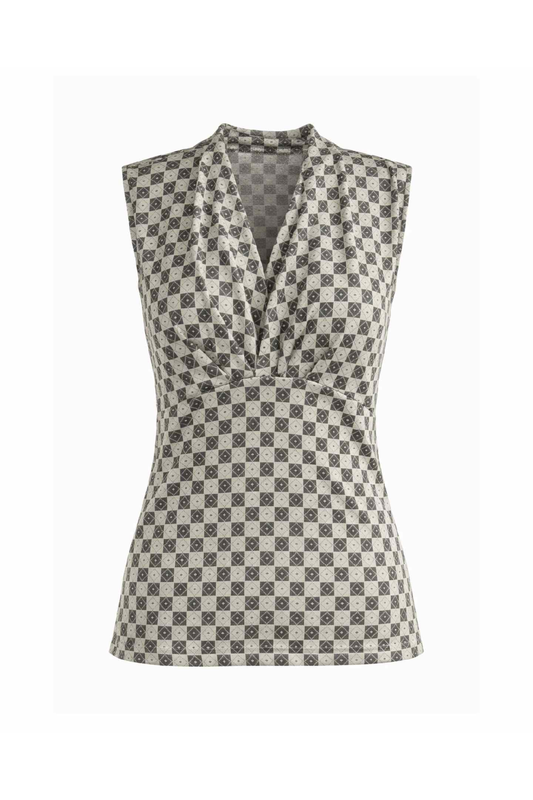 Sleeveless Geometric Wrap-Front Top in Black & Ecru