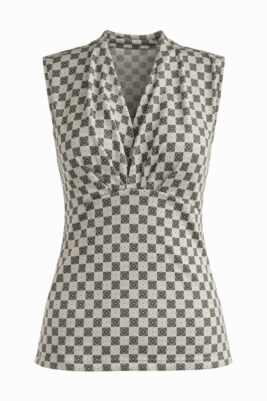 Sleeveless Geometric Wrap-Front Top in Black & Ecru