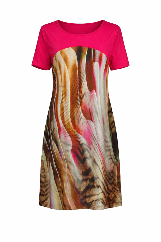 Short-Sleeve A-Line Dress with Artistic Print Panel