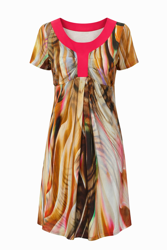 Short-Sleeve Empire Waist Dress with Contrast Neckline and Artistic Print
