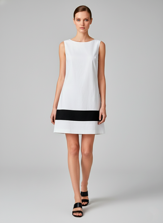 White Sleeveless Mini Dress with Black Contrast Band