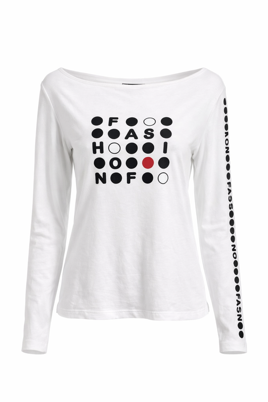 Graphic Long-Sleeve Cotton Top with Boat Neck
