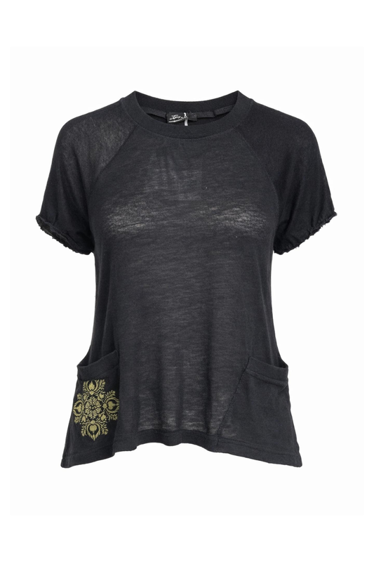 Relaxed Short-Sleeve Cotton Top with Decorative Pocket Detail