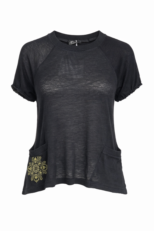 Relaxed Short-Sleeve Cotton Top with Decorative Pocket Detail