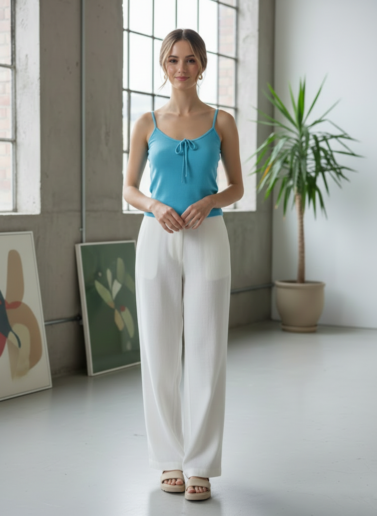 Ribbed Knit Camisole Top with Front Tie Detail in Sky Blue