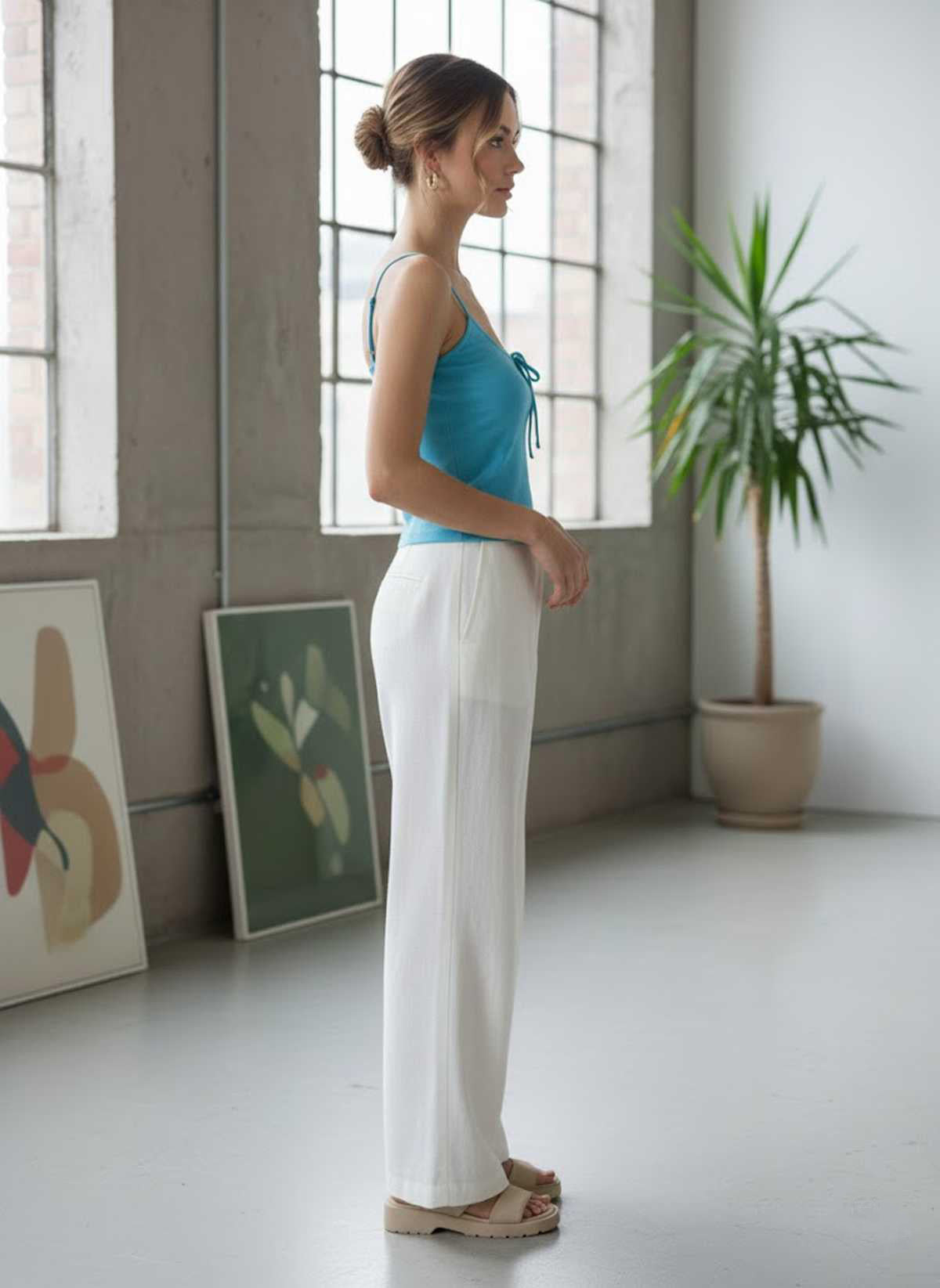 Ribbed Knit Camisole Top with Front Tie Detail in Sky Blue