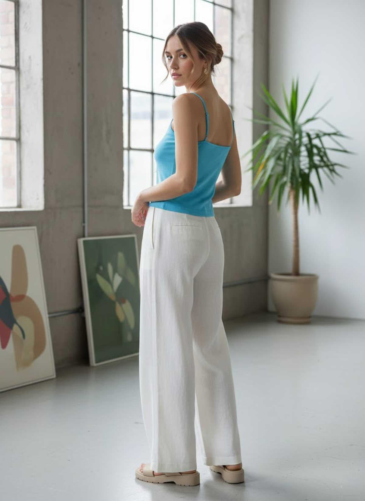 Ribbed Knit Camisole Top with Front Tie Detail in Sky Blue