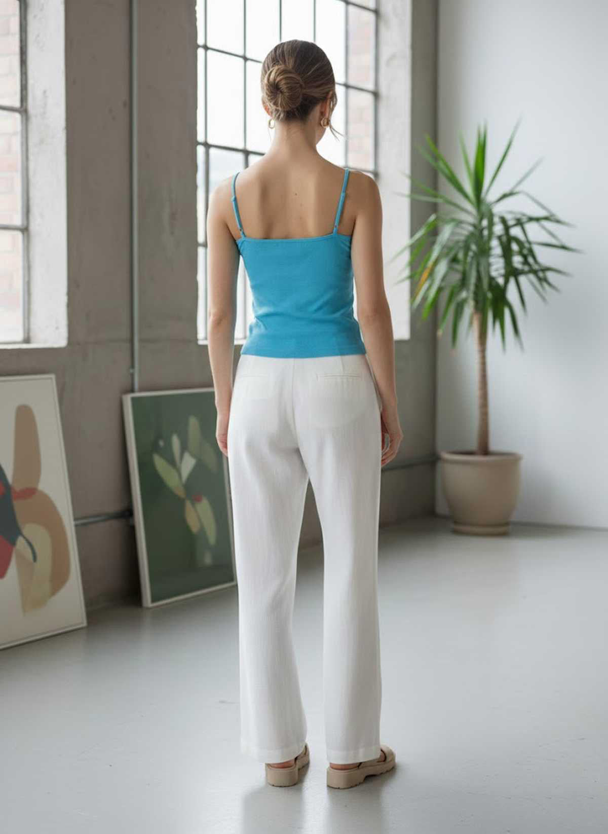 Ribbed Knit Camisole Top with Front Tie Detail in Sky Blue
