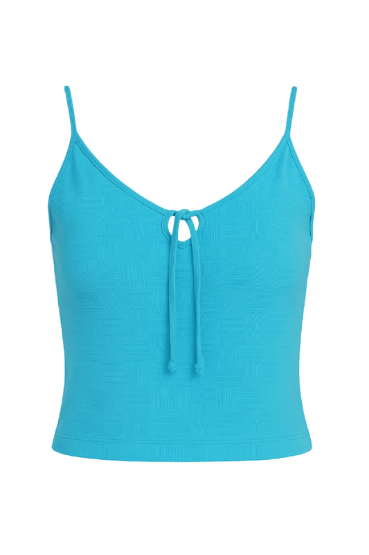 Ribbed Knit Camisole Top with Front Tie Detail in Sky Blue