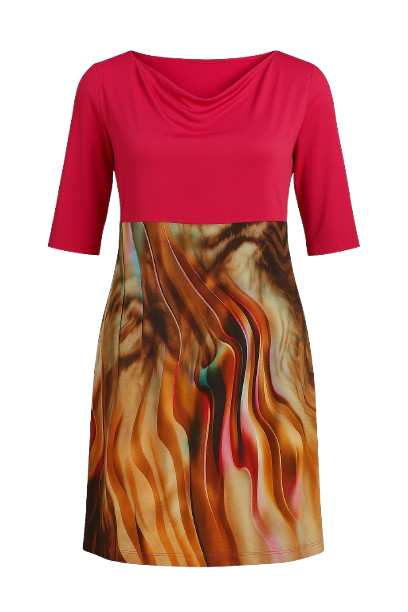 Elegant Cowl-Neck Dress with Vibrant Fuchsia Top and Artistic Abstract Skirt