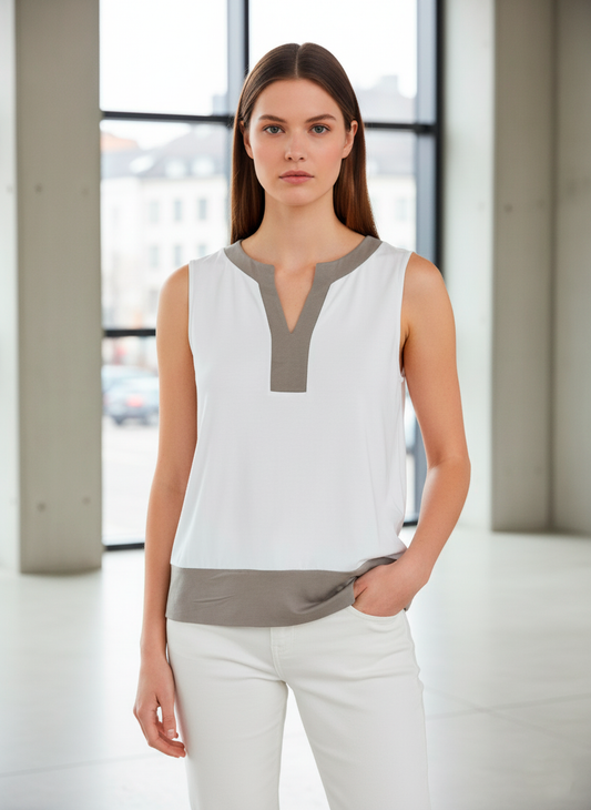 Sleeveless White Top with Contrast Trim