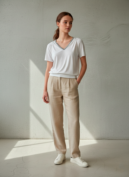 White V-Neck Top with Contrast Trim and Back Tie
