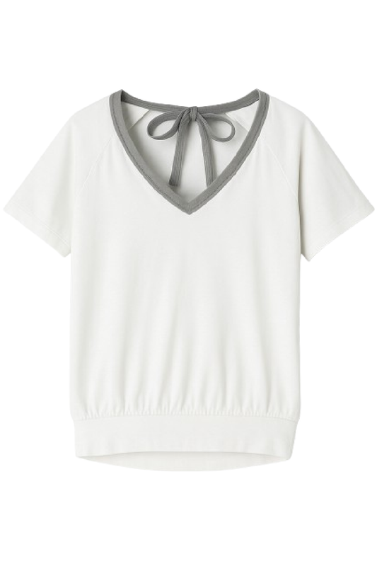 White V-Neck Top with Contrast Trim and Back Tie