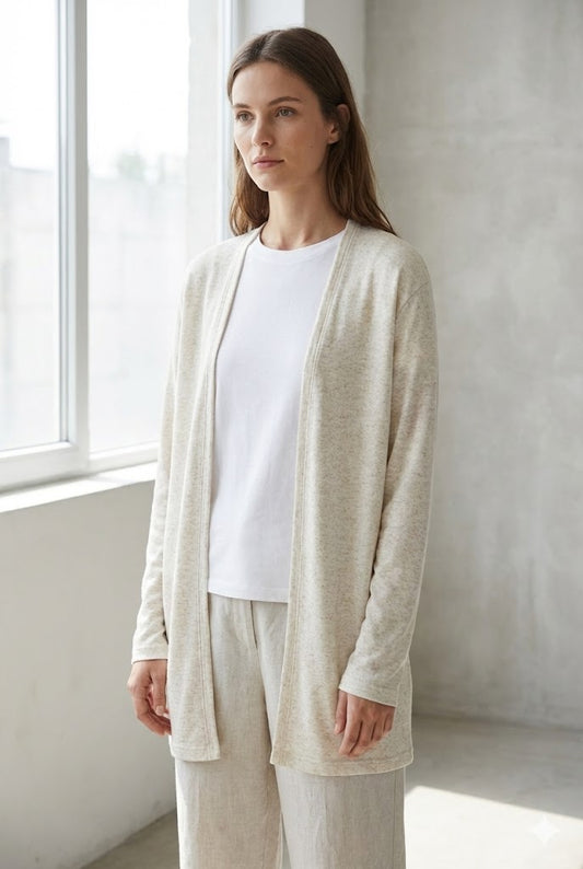 Soft Open-Front Knit Cardigan in Natural Melange