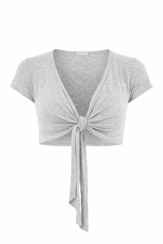 Grey Short-Sleeve Cropped Top with Front Tie – Modern Casual Style