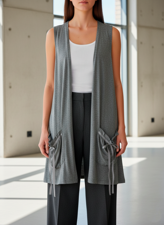 Sleeveless Grey Cardigan with Adjustable Pocket Details