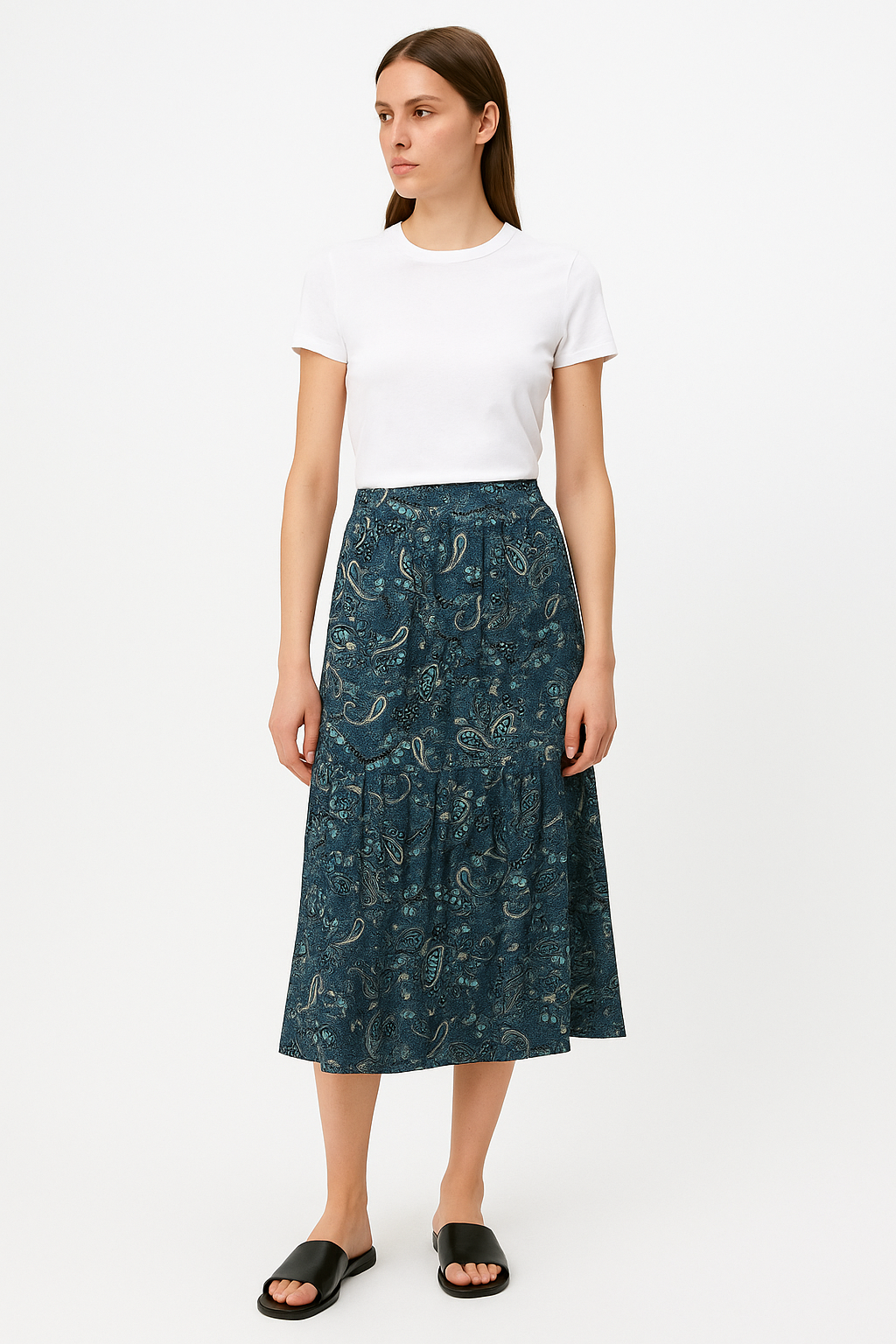 Printed Viscose Midi Skirt with Tiered Hem