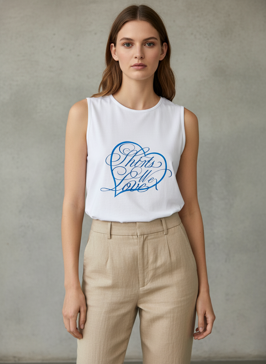 Λευκό αμάνικο τοπ με μπλε τύπωμα “Shirts We Love”