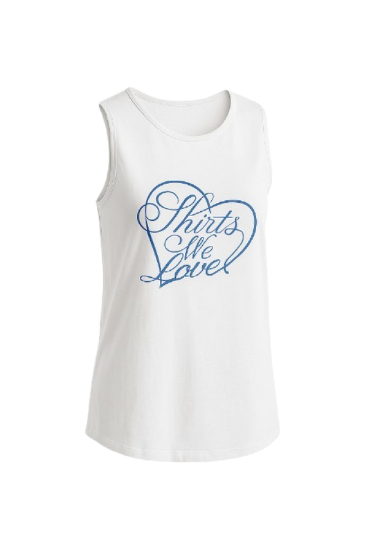 White Sleeveless Top with Blue “Shirts We Love” Print