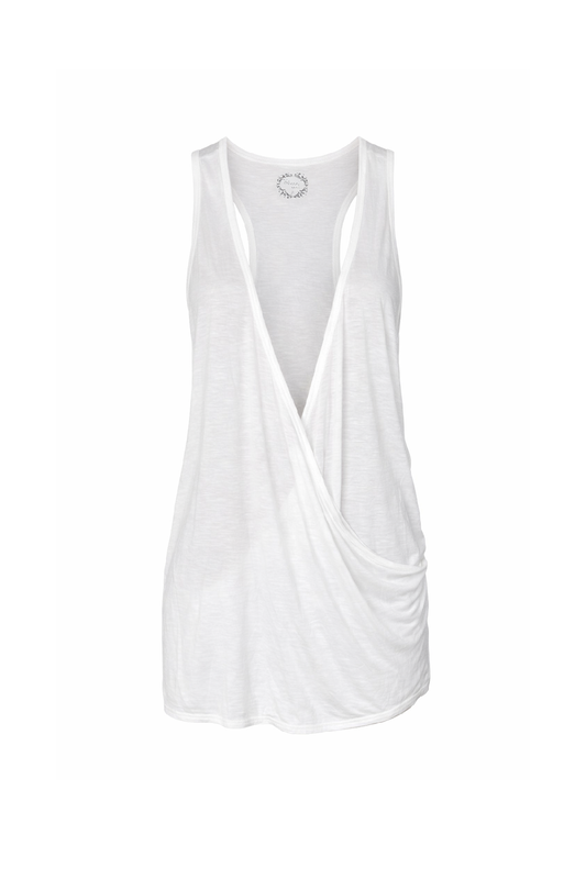 Sleeveless Wrap-Front Top with Deep V-Neck – Modern Minimal Elegance
