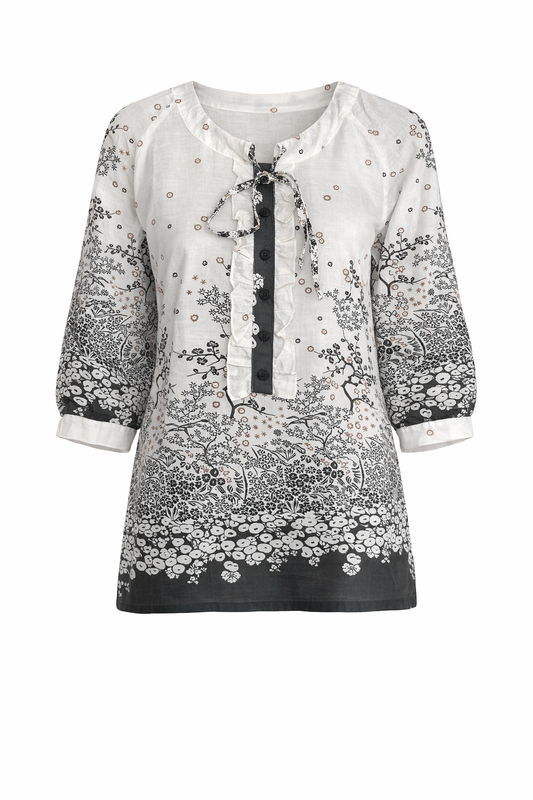 Printed Blouse with Ruffle Placket and Tie Neck