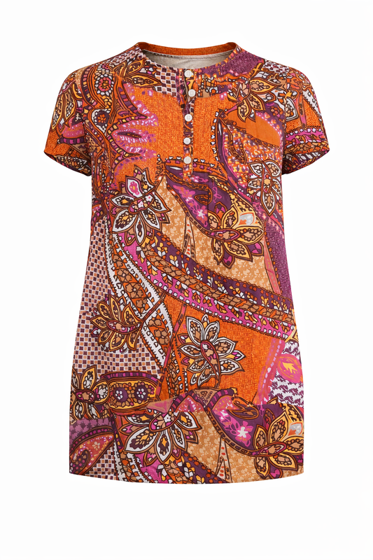 Short-Sleeve Button-Neck Printed Top – Effortless Style and Everyday Comfort