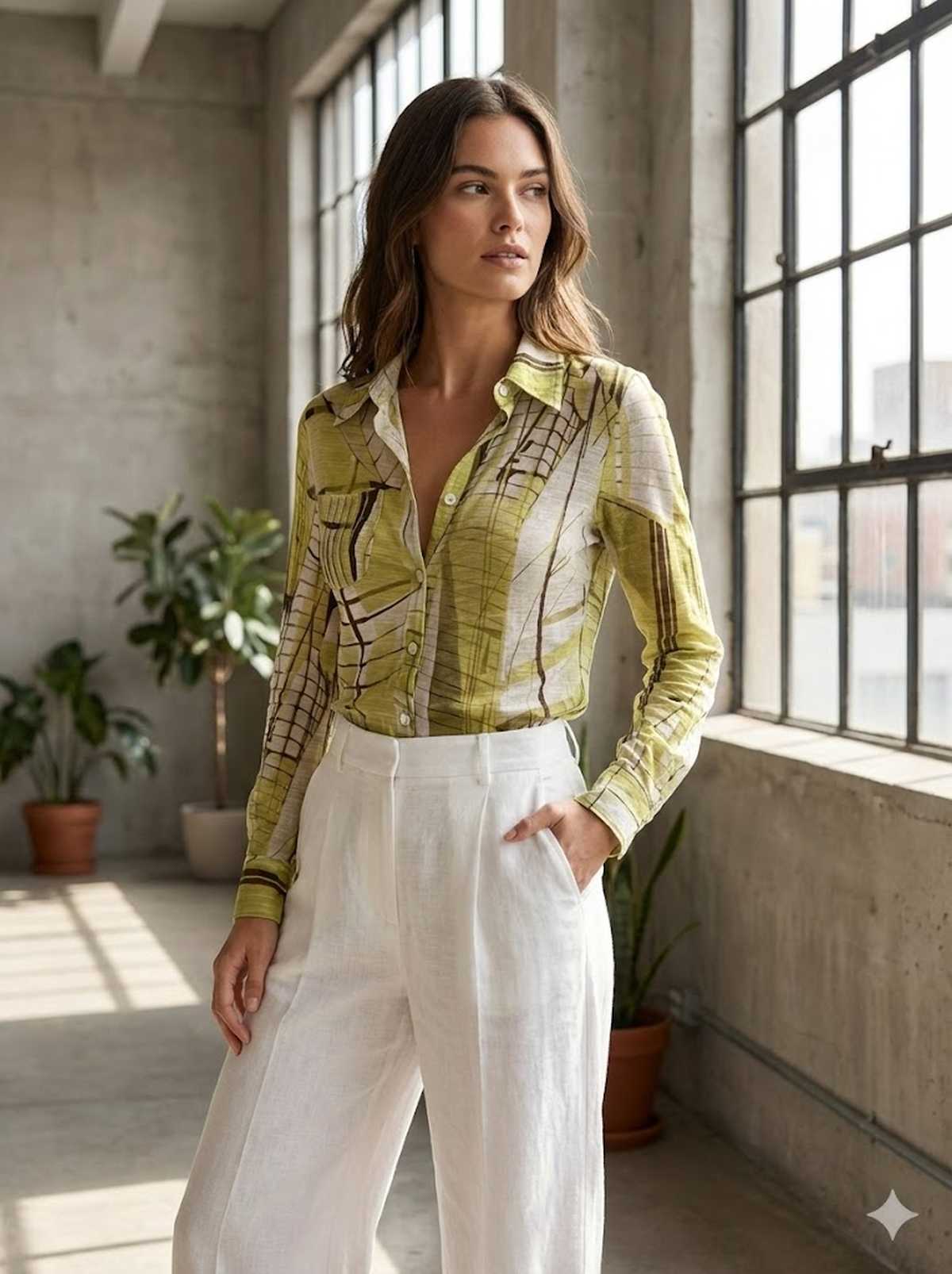 Lightweight Button-Down Blouse with Abstract Leaf Print in Olive Green