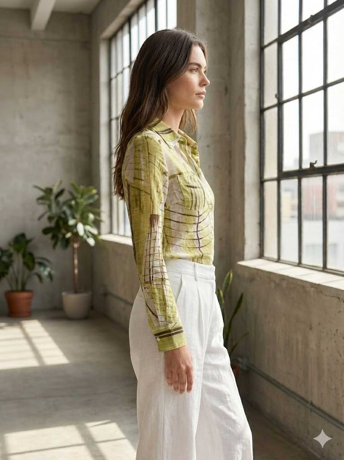 Lightweight Button-Down Blouse with Abstract Leaf Print in Olive Green