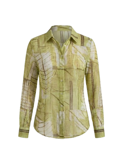 Lightweight Button-Down Blouse with Abstract Leaf Print in Olive Green