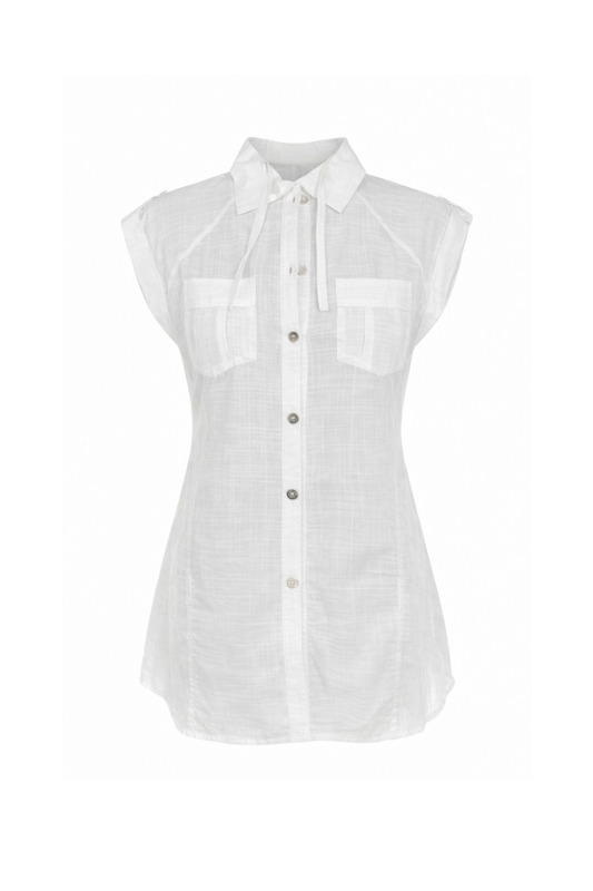 Sleeveless Button-Front Shirt with Utility Pockets – Modern Tailoring and Effortless Comfort