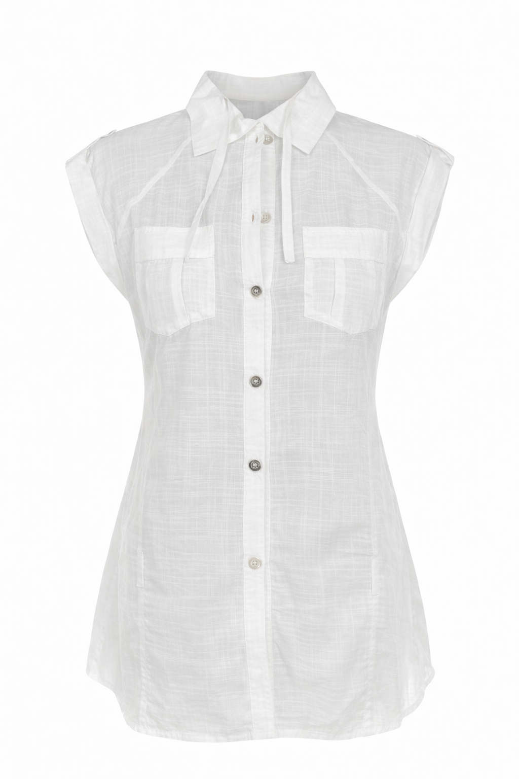 Sleeveless Button-Front Shirt with Utility Pockets – Modern Tailoring and Effortless Comfort