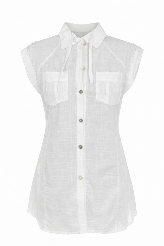 Sleeveless Button-Front Shirt with Utility Pockets – Modern Tailoring and Effortless Comfort