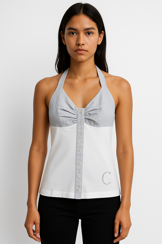 Two-Tone Halter Neck Button-Front Top