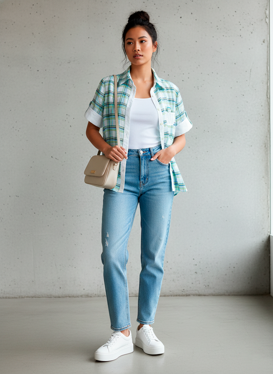 Πράσινο και λευκό καρό πουκάμισο με κοντό μανίκι
