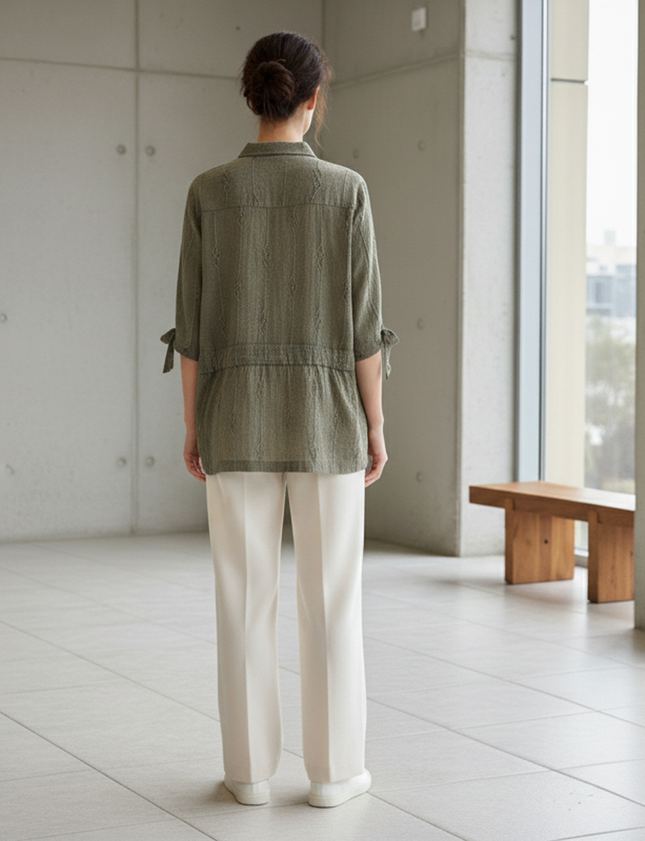 Olive Textured Tunic Shirt with Tie Sleeves